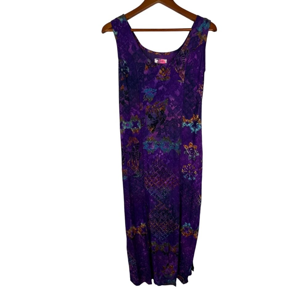 Vintage Tropical Tantrum Dress Size Small Midi Sun Sleeveless Carwash Hem Purple